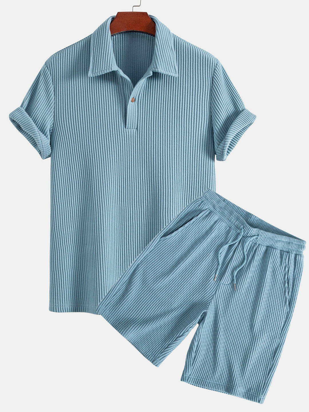 Short Sleeved Waffle Polo &amp; Drawstring Knitted Waffle Shorts