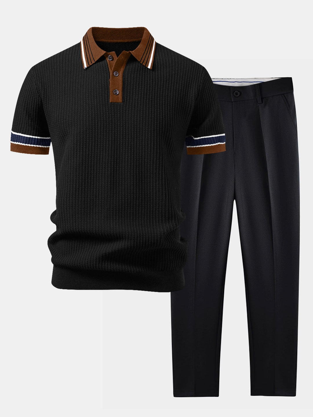 Contrast Stripe Trim Waffle Knit Polo &amp; Slim Fit Tapered Trousers