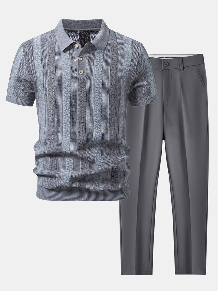 Striped Textured Knit Polo &amp; Slim Fit Tapered Trousers