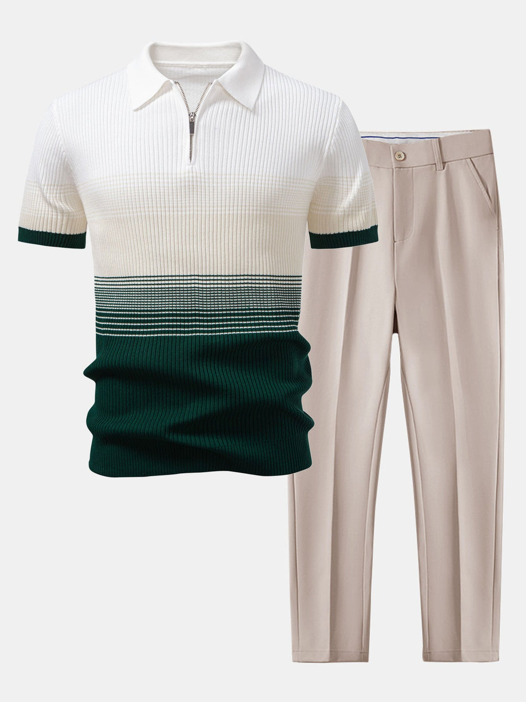 Striped Gradient Knitted Polo Shirt &amp; Slim Fit Tapered Trousers