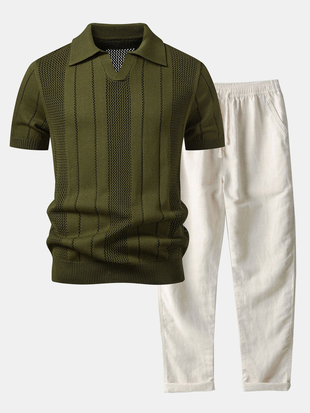 Johnny Collar Striped Open Knit Polo &amp; Straight Leg Linen Pants