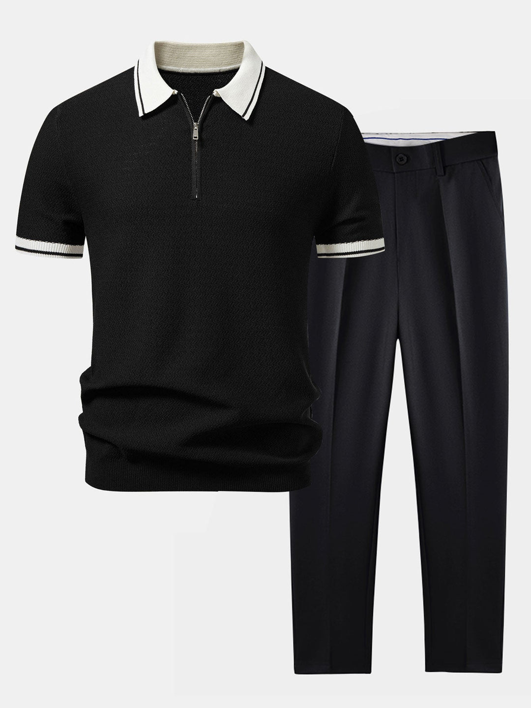Contrast Zipper Knit Polo &amp; Slim Fit Tapered Trousers