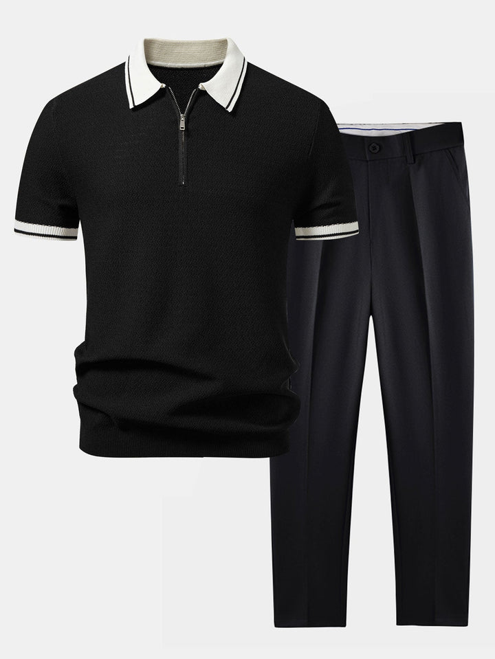 Contrast Zipper Knit Polo &amp; Slim Fit Tapered Trousers