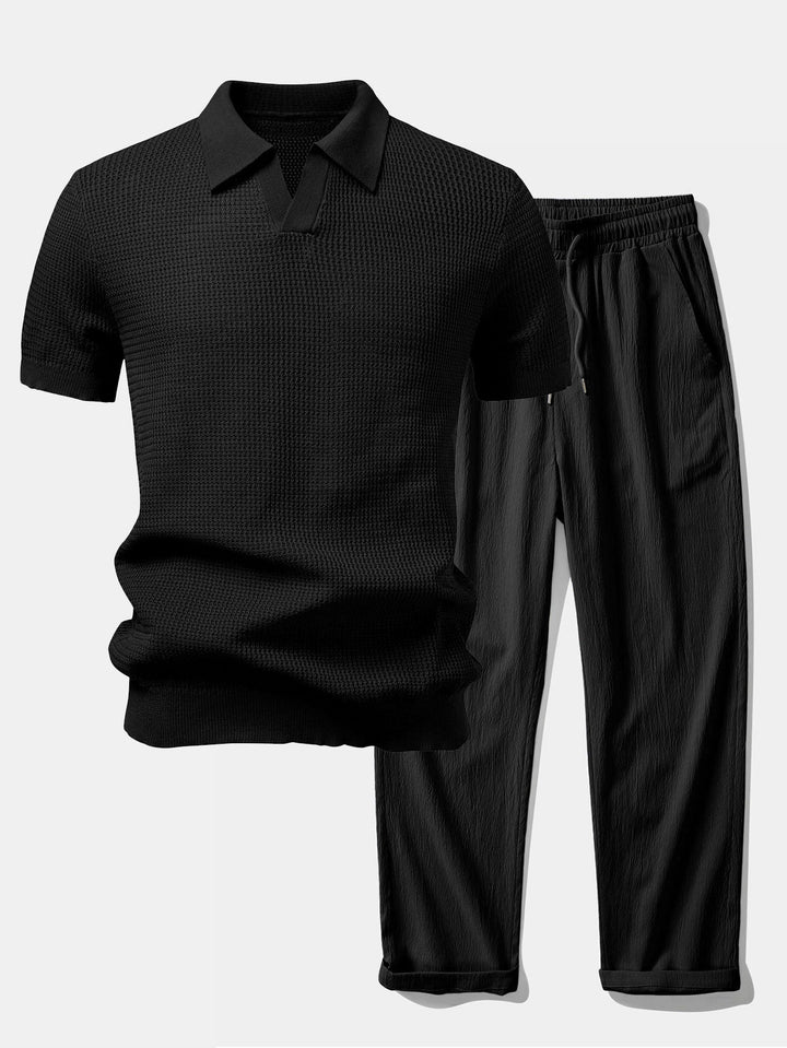 Textured Johnny Collar Crocheted Knit Polo &amp; Crinkle Textured Straight Leg Pants