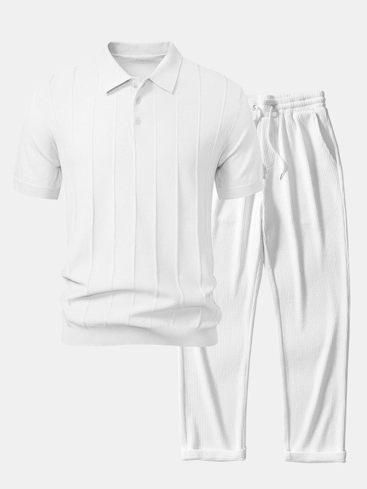 Stripe Jacquard Knit Polo Shirt &amp; Straight Leg Ribbed Pants