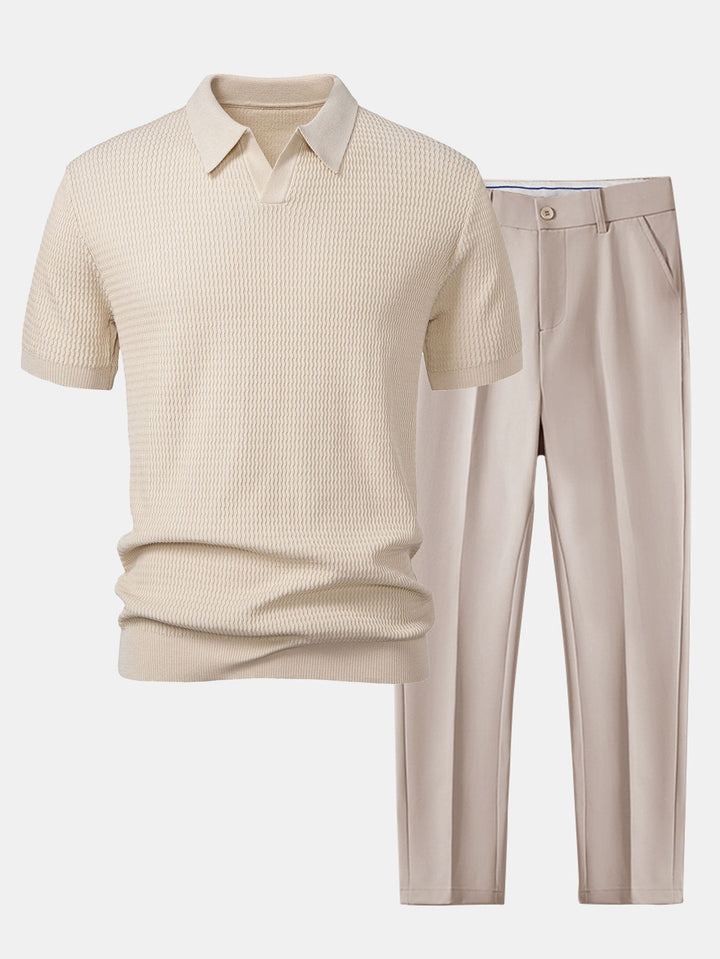 Wave Jacquard Knit V Neck Polo Shirt &amp; Slim Fit Tapered Trousers