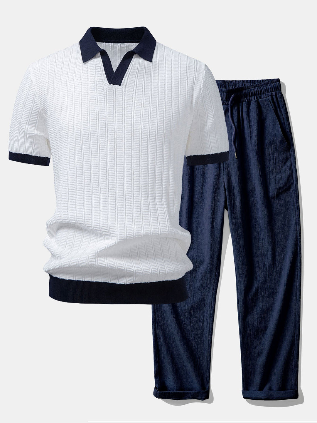 Contrast Textured Johnny Collar Knit Polo &amp; Crinkle Textured Straight Leg Pants