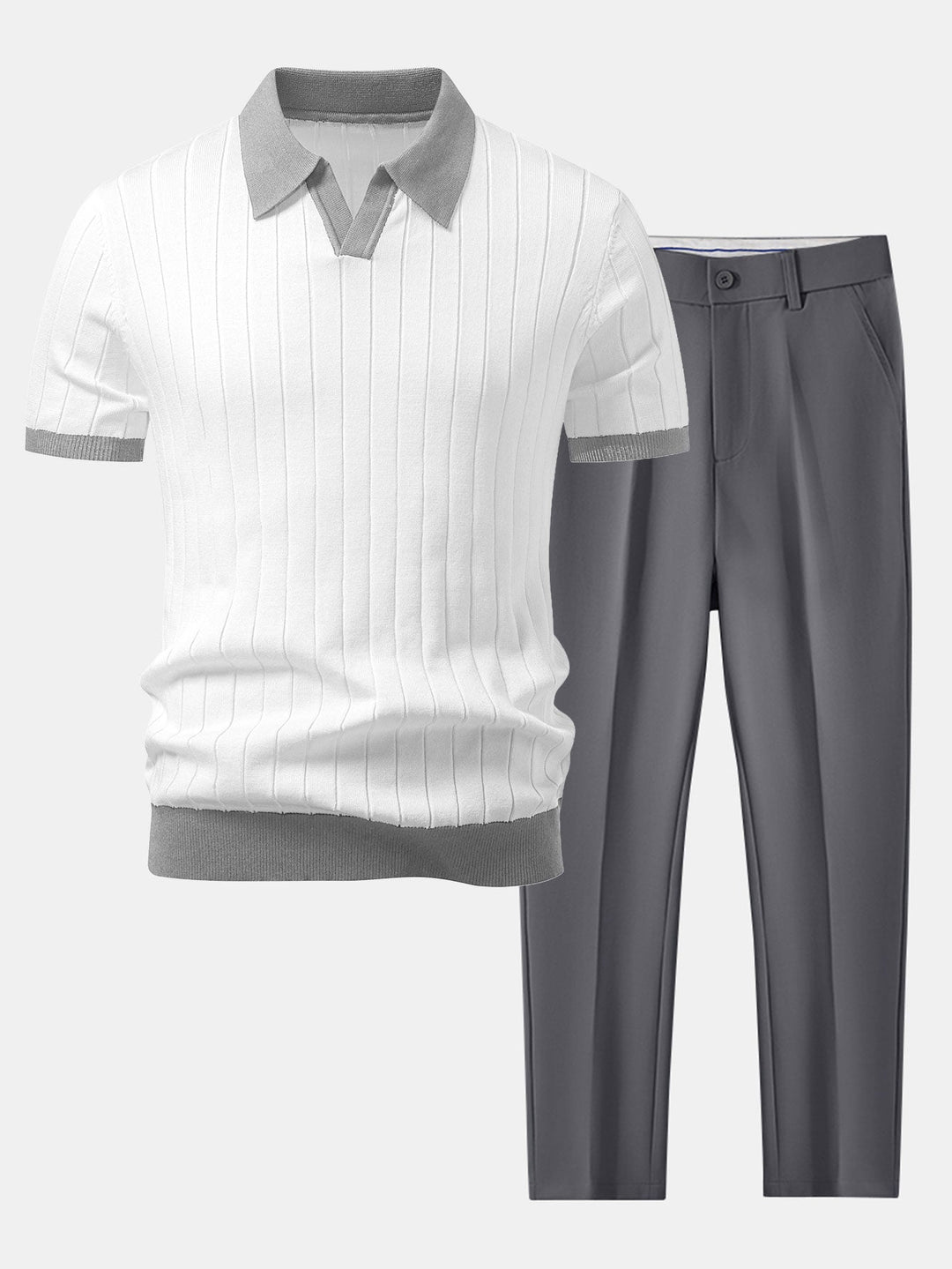 Contrast Trim Stripe Johnny Collar Polo &amp; Slim Fit Tapered Trousers