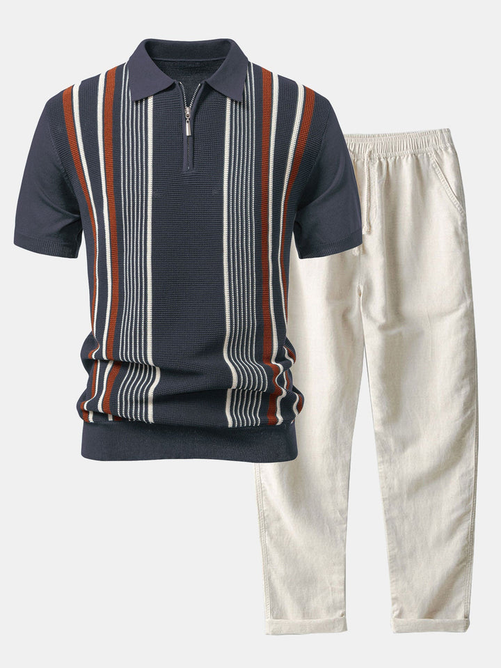 Stripe Knit Zip Up Polo Shirt &amp; Straight Leg Linen Pants