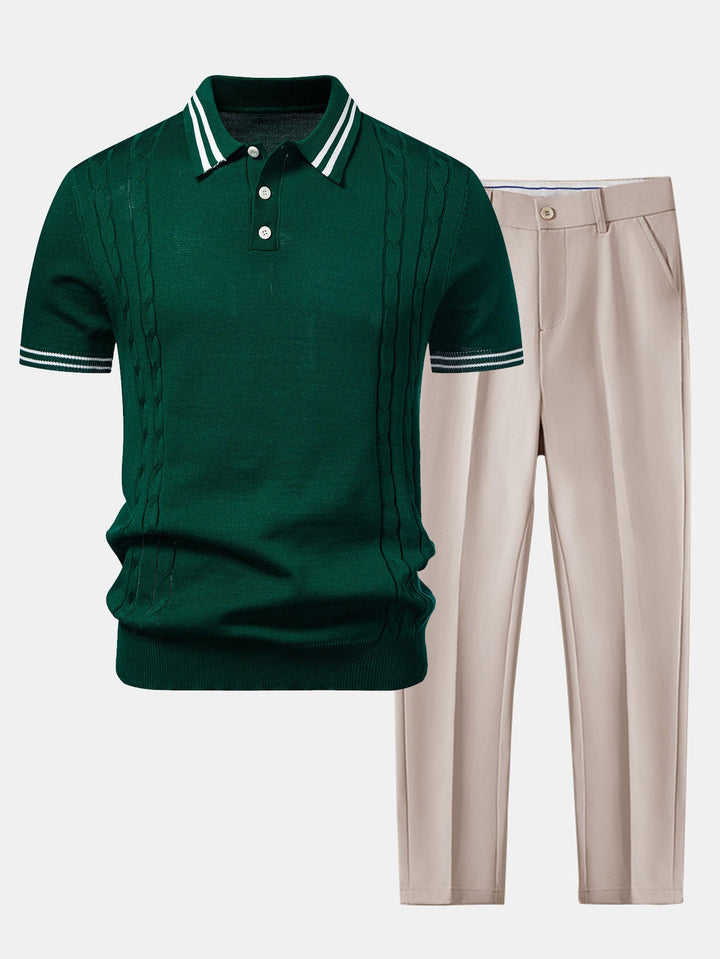 Contrast Trim Twisted Jacquard Knit Polo &amp; Slim Fit Tapered Trousers