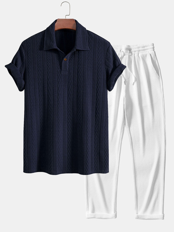 Short Sleeve Jacquard Polo &amp; Straight Leg Ribbed Pants