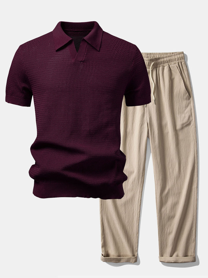 Textured Johnny Collar Crocheted Knit Polo &amp; Crinkle Textured Straight Leg Pants