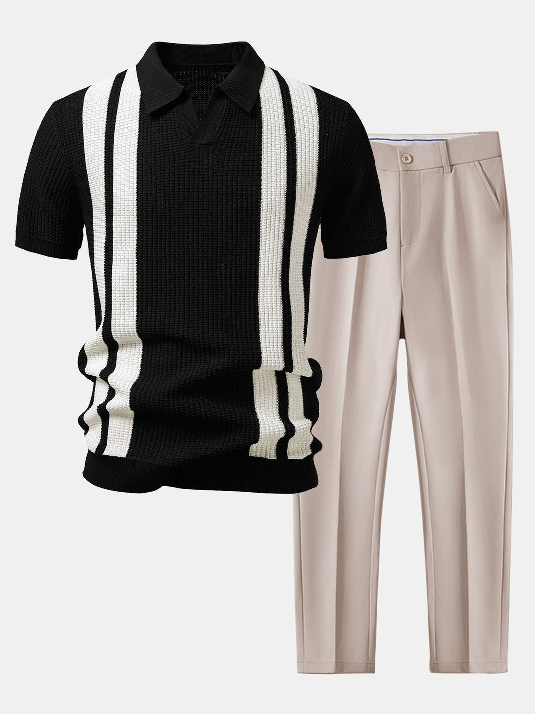 Stripe Johnny Collar Knit Polo &amp; Slim Fit Tapered Trousers