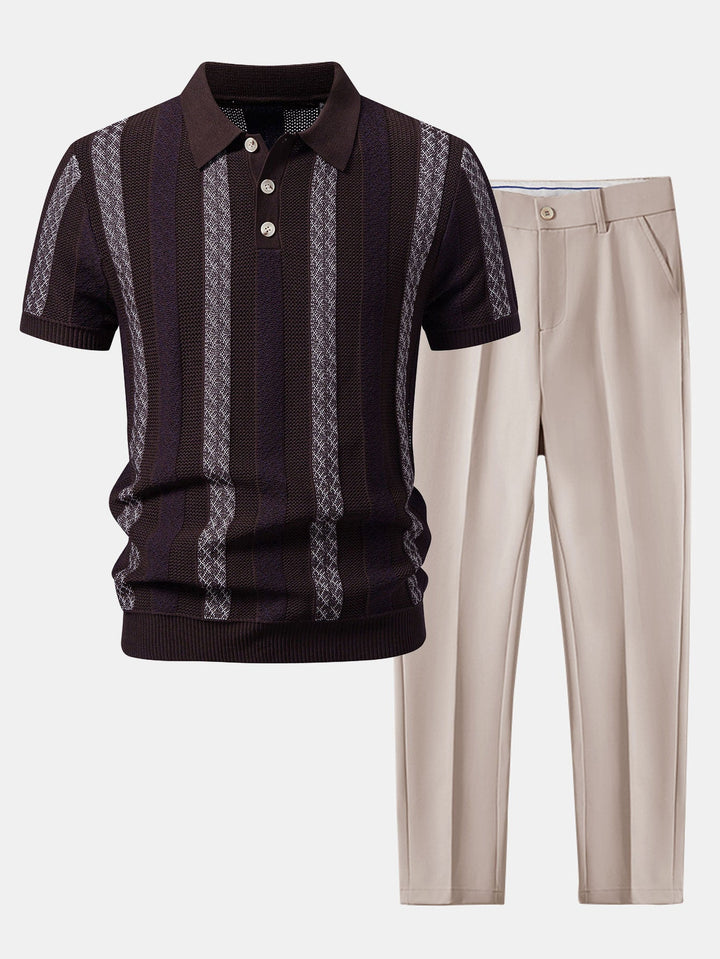 Striped Textured Knit Polo &amp; Slim Fit Tapered Trousers