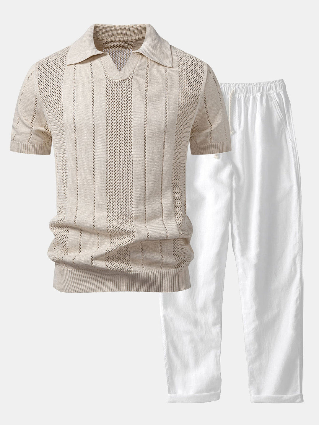 Johnny Collar Striped Open Knit Polo &amp; Straight Leg Linen Pants