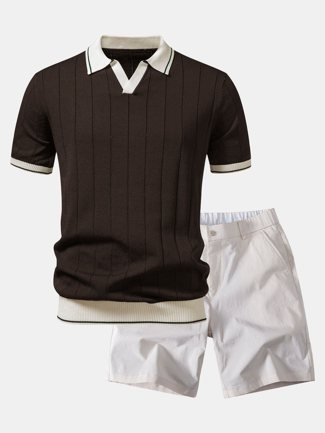 Contrast Trim Ribbed Johnny Collar Knit Polo &amp; Elastic Waist Chino Shorts