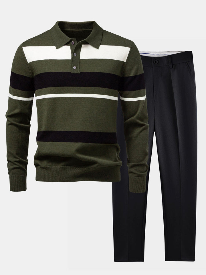 Long Sleeve Stripe Knit Polo Shirt &amp; Slim Fit Tapered Trousers