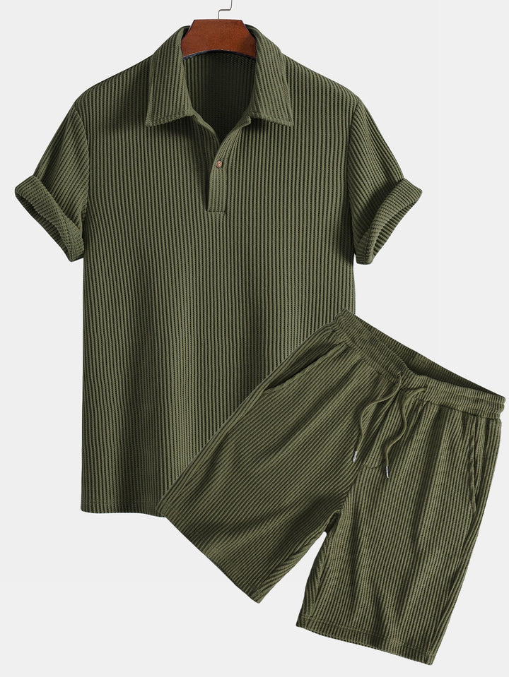 Short Sleeved Waffle Polo &amp; Drawstring Knitted Waffle Shorts