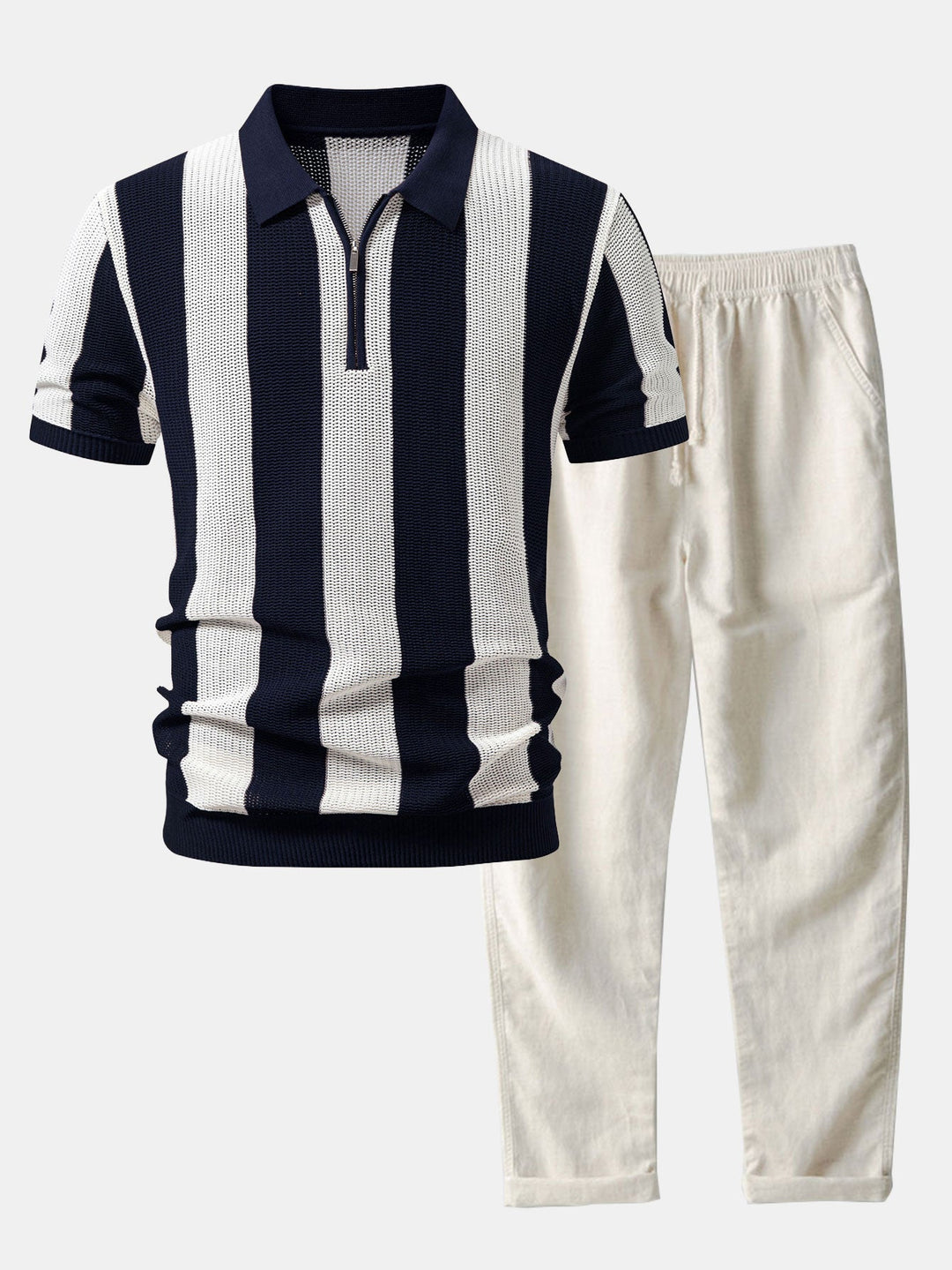 Stripe Zipper Open Knit Polo &amp; Straight Leg Linen Pants