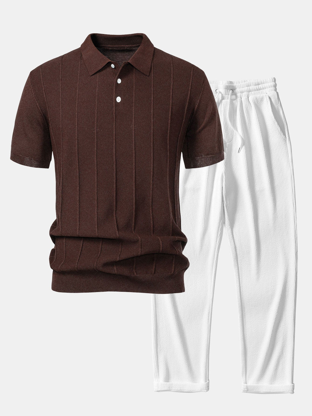 Stripe Jacquard Knit Polo Shirt &amp; Straight Leg Ribbed Pants