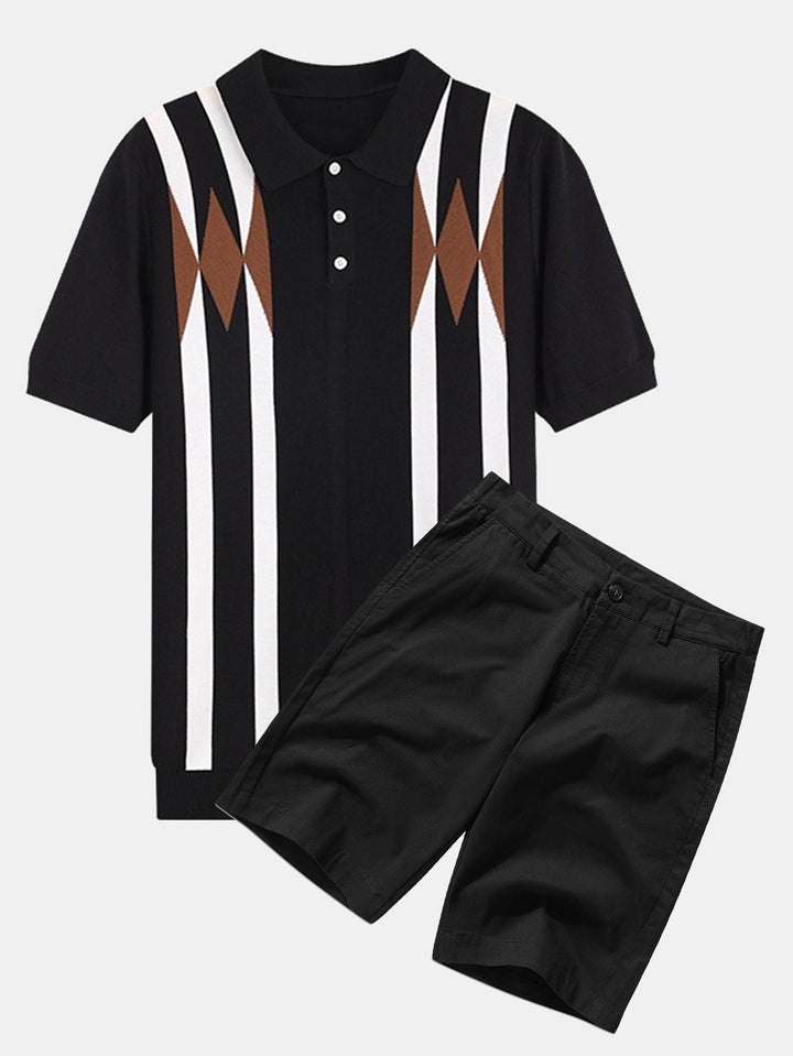 Stripe Geometric Jacquard Knitted Polo Shirt &amp; Cotton Chino Shorts