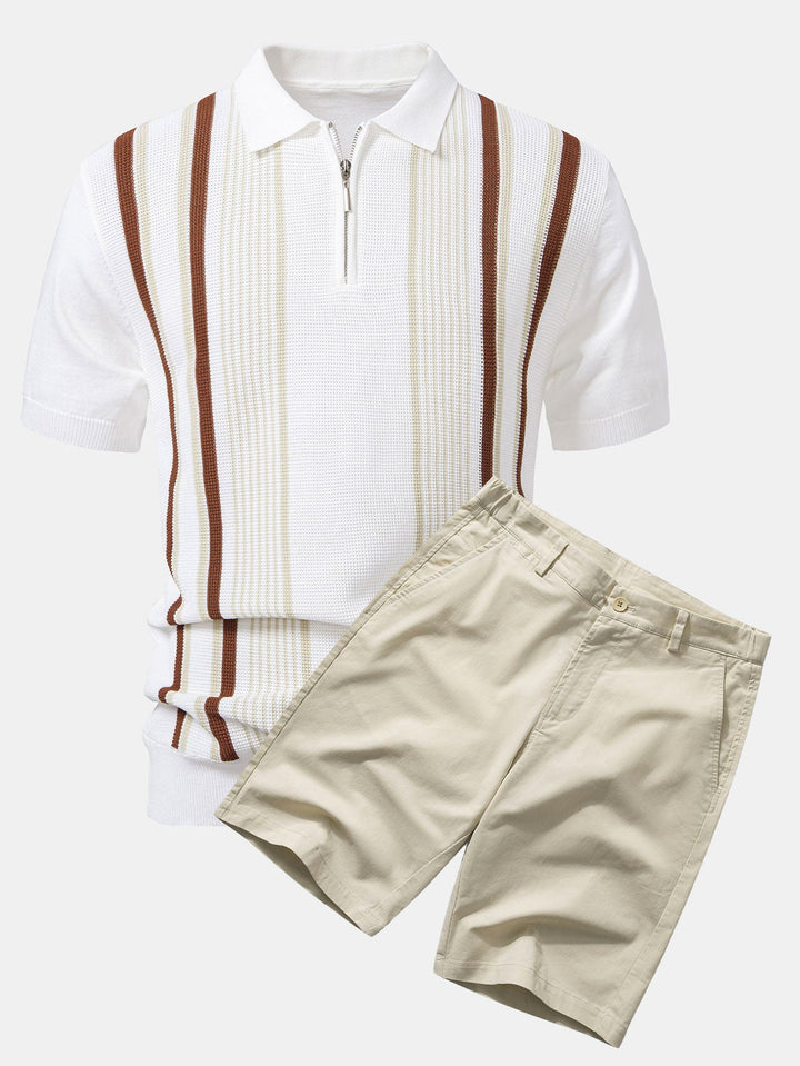 Stripe Knit Zip Up Polo Shirt &amp; Cotton Chino Shorts