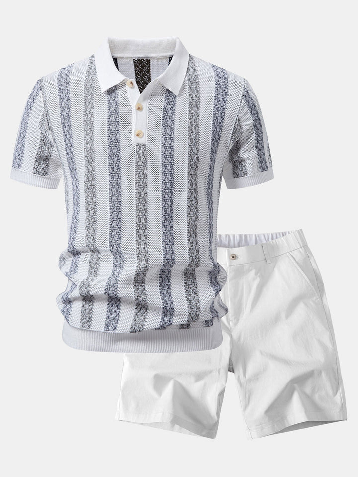 Striped Textured Knit Polo &amp; Elastic Waist Chino Shorts