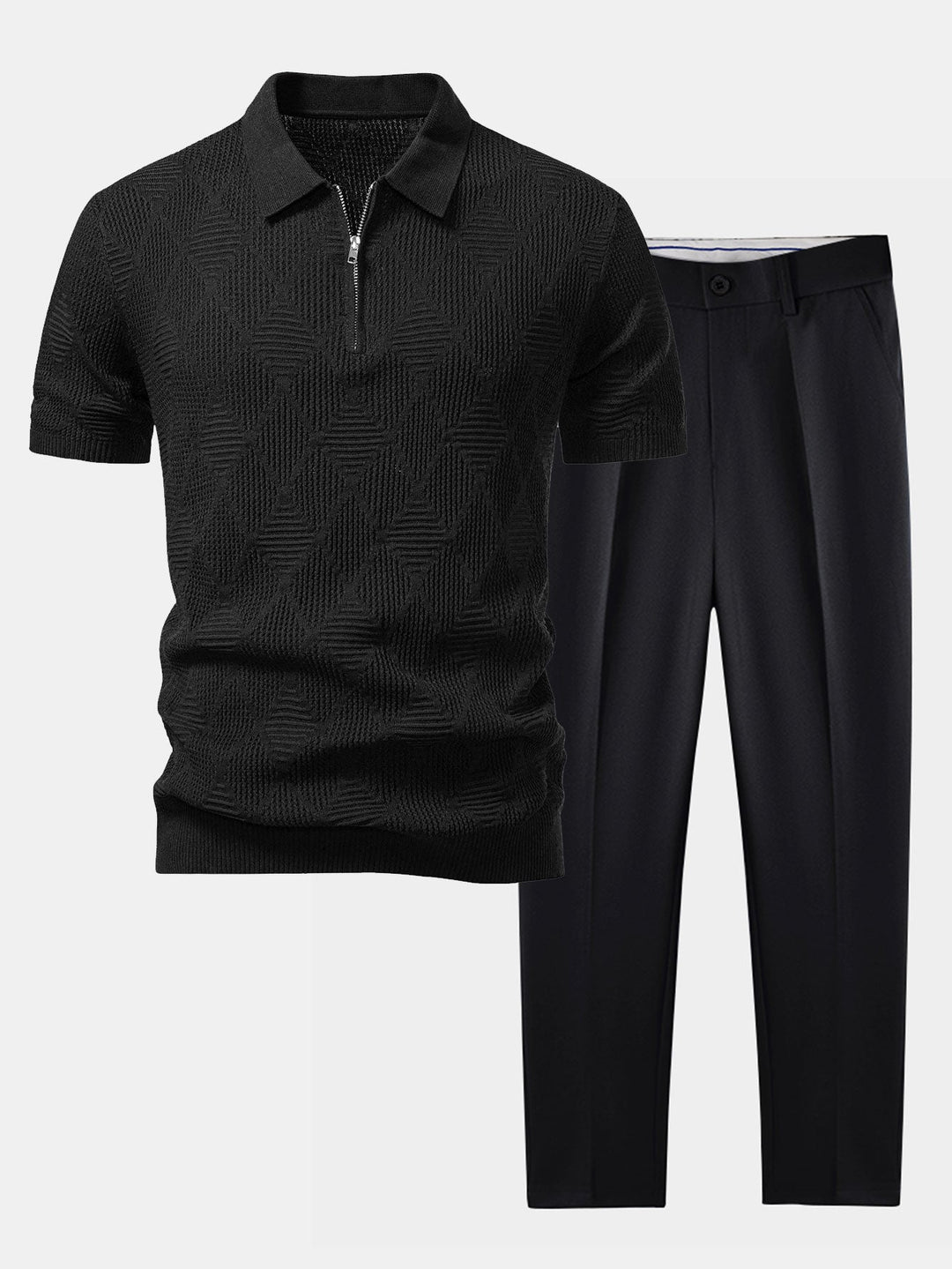 Rhombus Textured Zip Up Knitted Polo Shirt &amp; Slim Fit Tapered Trousers
