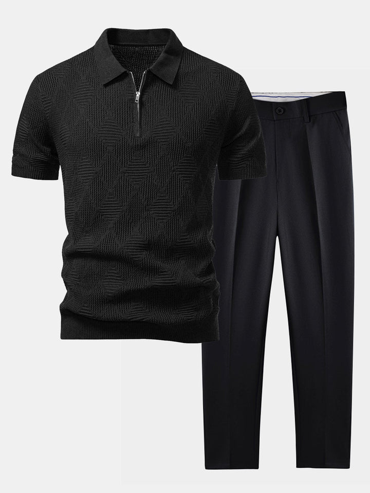 Rhombus Textured Zip Up Knitted Polo Shirt &amp; Slim Fit Tapered Trousers