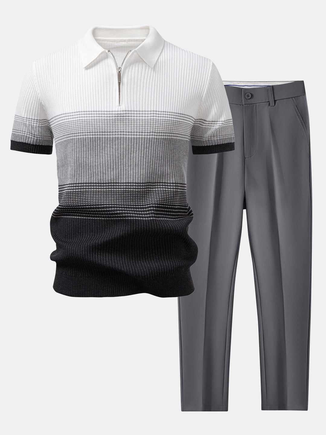 Striped Gradient Knitted Polo Shirt &amp; Slim Fit Tapered Trousers