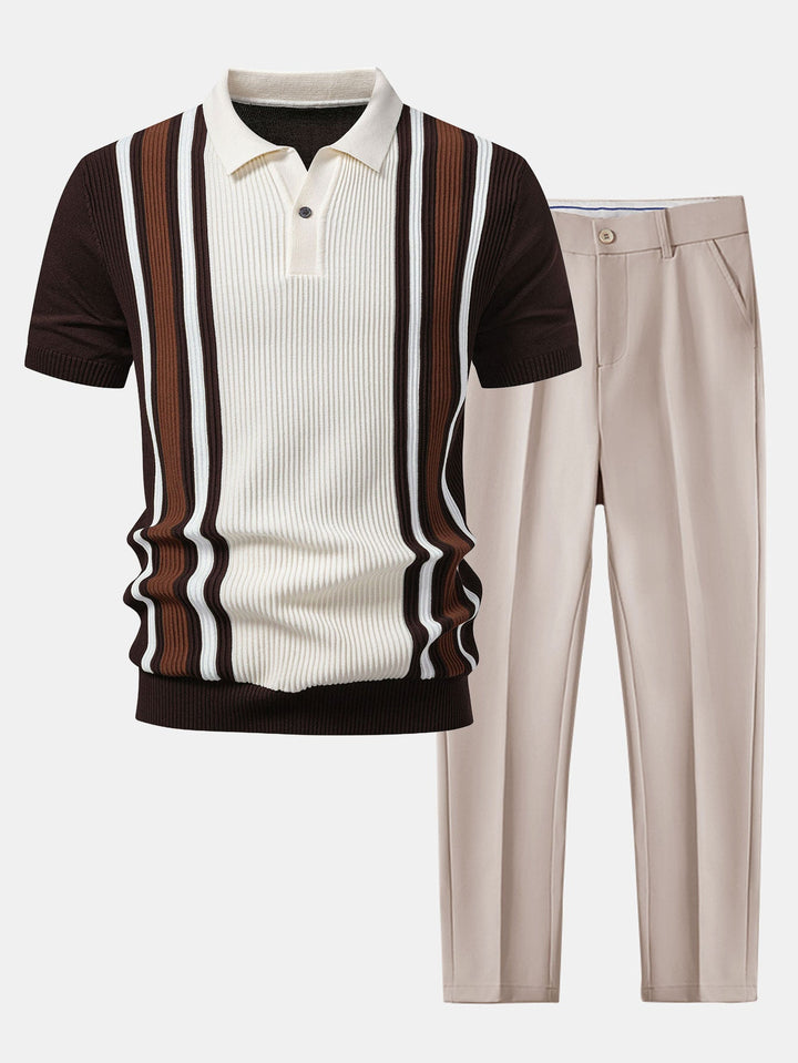 Contrast Striped Ribbed Knit Polo &amp; Slim Fit Tapered Trousers