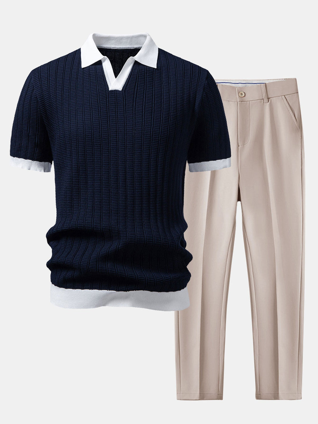 Contrast Textured Johnny Collar Knit Polo &amp; Slim Fit Tapered Trousers