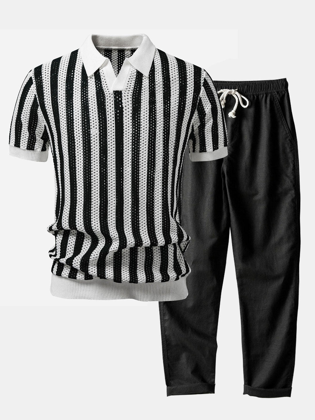 Stripe Johnny Collar Open Knit Polo &amp; Straight Leg Linen Pants
