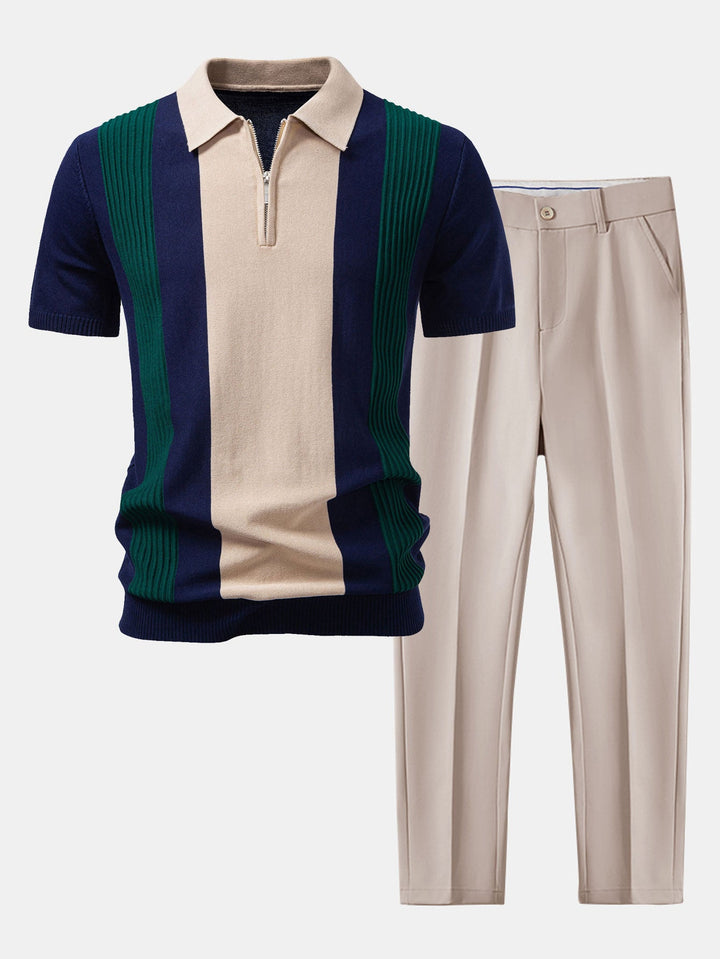 Textured Color Block Knit Polo &amp; Slim Fit Tapered Trousers