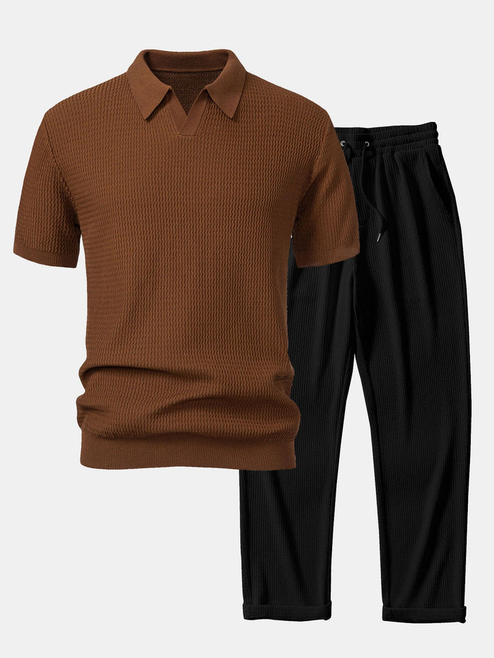 Wave Jacquard Knit V Neck Polo Shirt &amp; Straight Leg Ribbed Pants