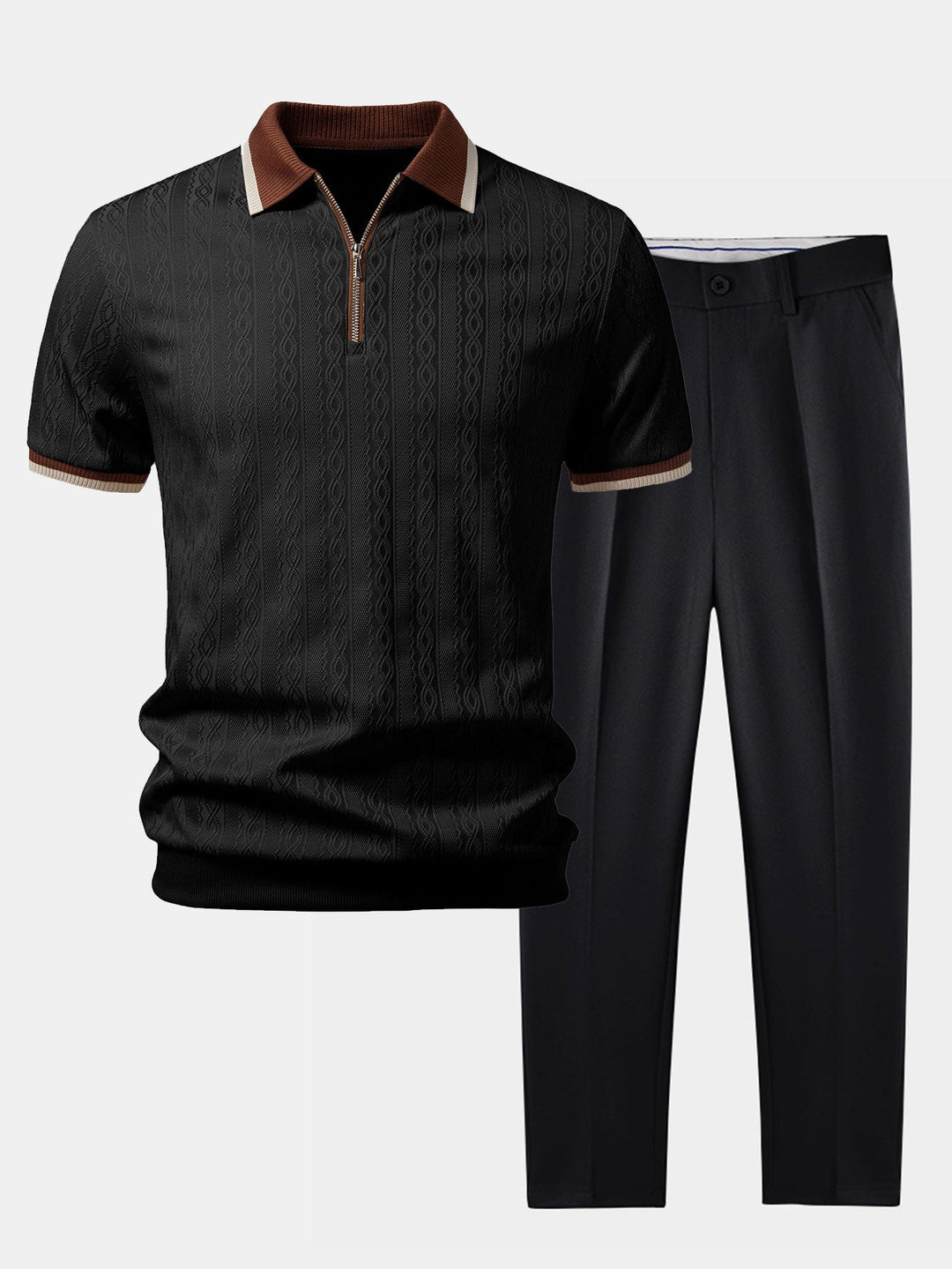 Contrast Trim Textured Zipper Knit Polo &amp; Slim Fit Tapered Trousers