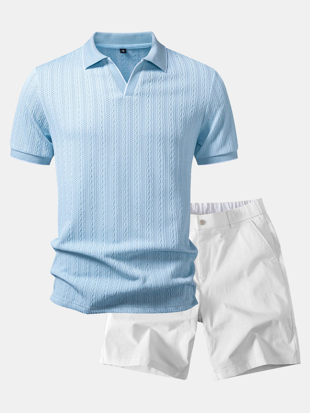 Geometric Jacquard Johnny Collar Polo &amp; Elastic Waist Chino Shorts