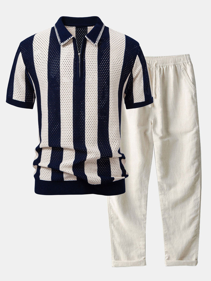 Striped Eyelet Knit Zip Up Polo Shirt &amp; Straight Leg Linen Pants