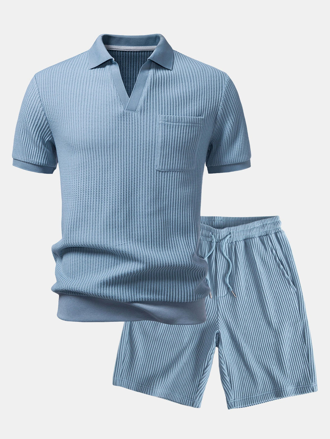 Waffle Johnny Collar Polo With Pocket &amp; Drawstring Knitted Waffle Shorts