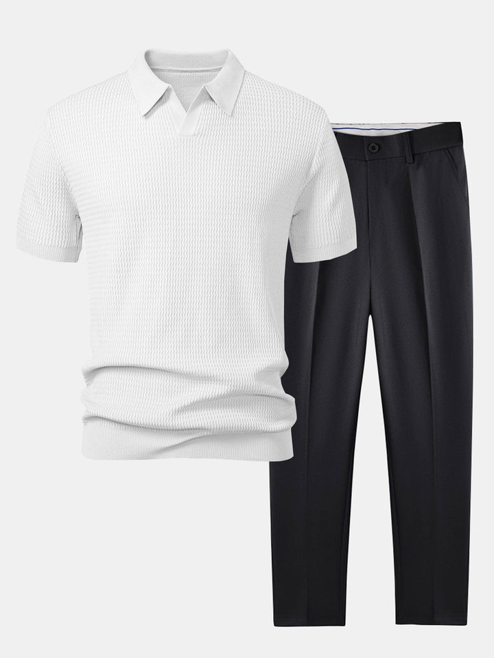 Wave Jacquard Knit V Neck Polo Shirt &amp; Slim Fit Tapered Trousers