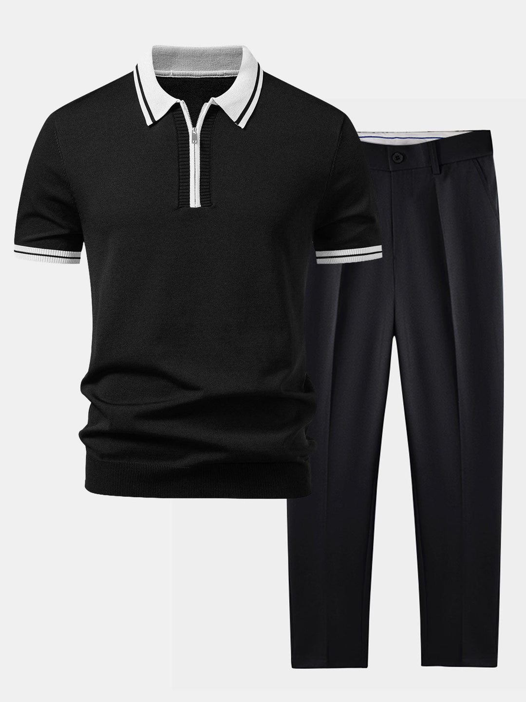 Contrast Trim Zipper Knit Polo &amp; Slim Fit Tapered Trousers