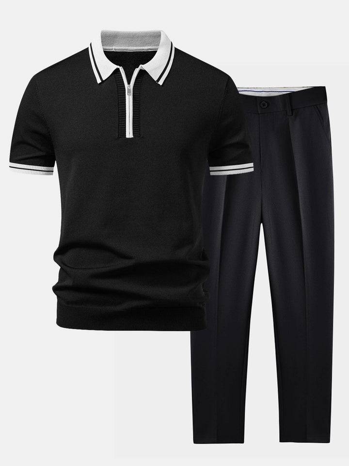Contrast Trim Zipper Knit Polo &amp; Slim Fit Tapered Trousers