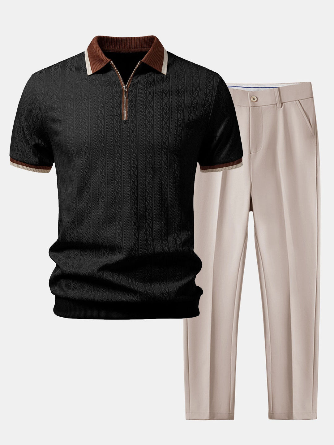 Contrast Trim Textured Zipper Knit Polo &amp; Slim Fit Tapered Trousers