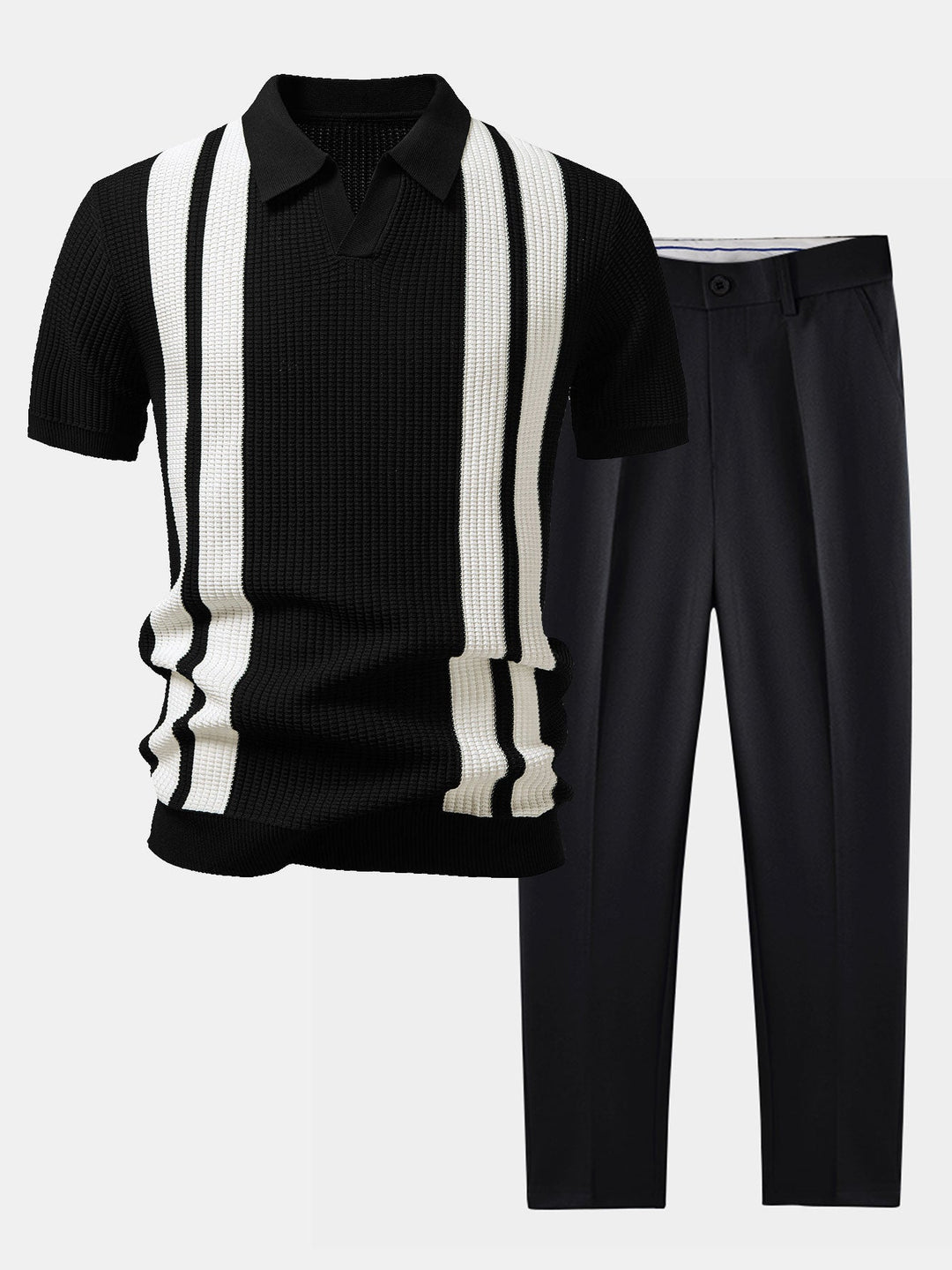 Stripe Johnny Collar Knit Polo &amp; Slim Fit Tapered Trousers