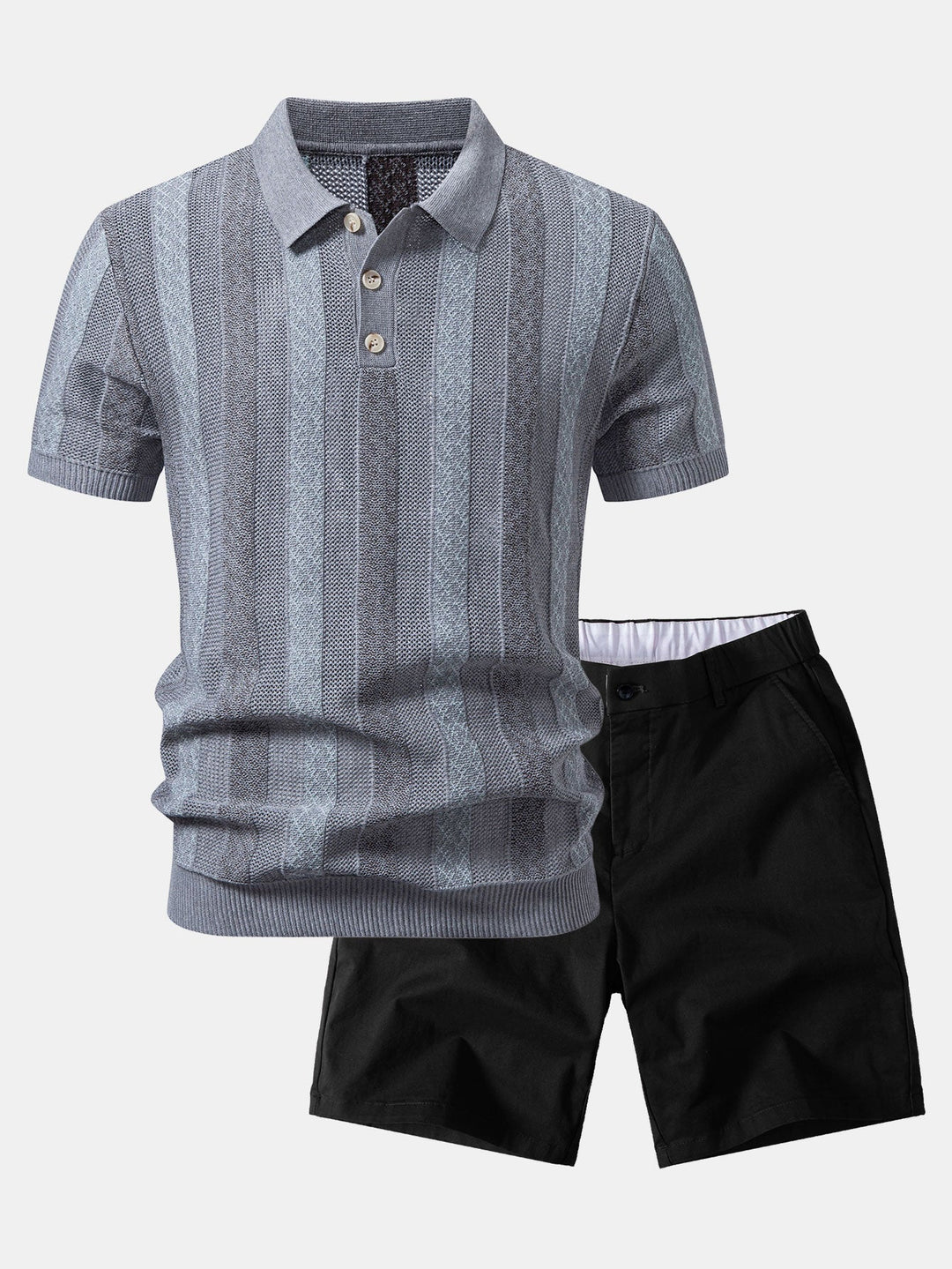 Striped Textured Knit Polo &amp; Elastic Waist Chino Shorts