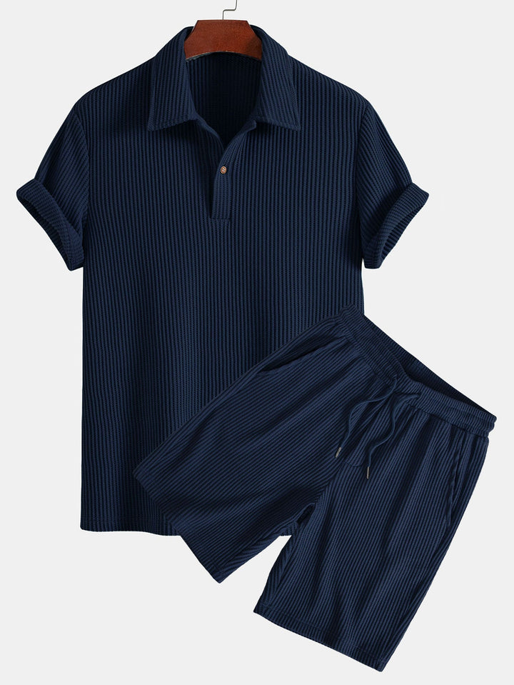 Short Sleeved Waffle Polo &amp; Drawstring Knitted Waffle Shorts