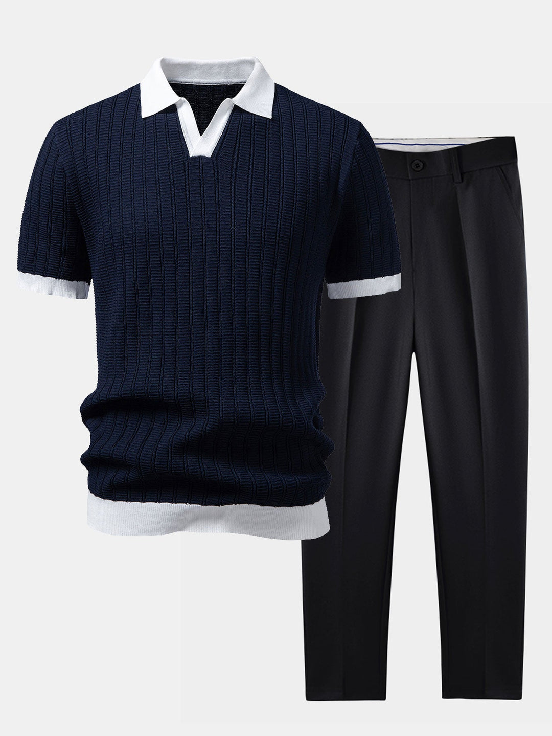 Contrast Textured Johnny Collar Knit Polo &amp; Slim Fit Tapered Trousers