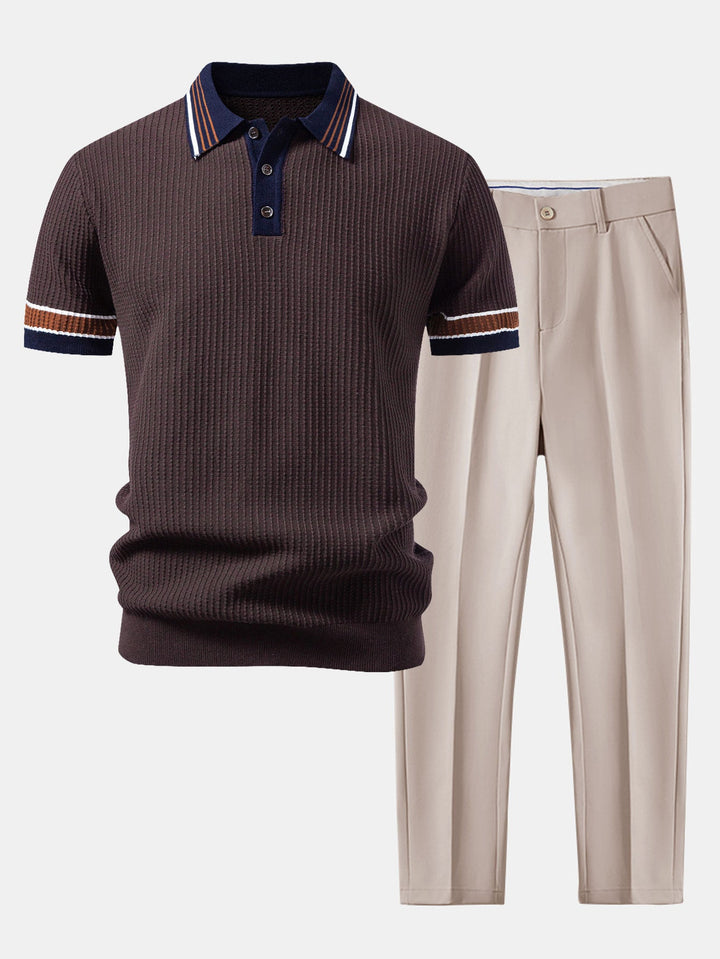 Contrast Stripe Trim Waffle Knit Polo &amp; Slim Fit Tapered Trousers