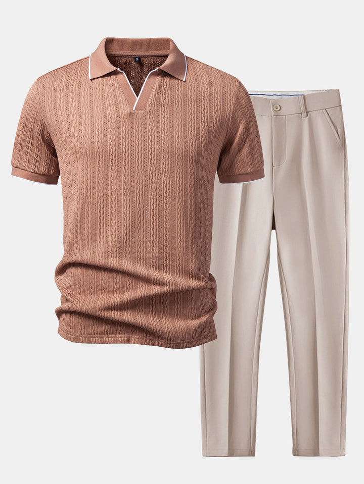 Geometric Jacquard Johnny Collar Polo &amp; Slim Fit Tapered Trousers