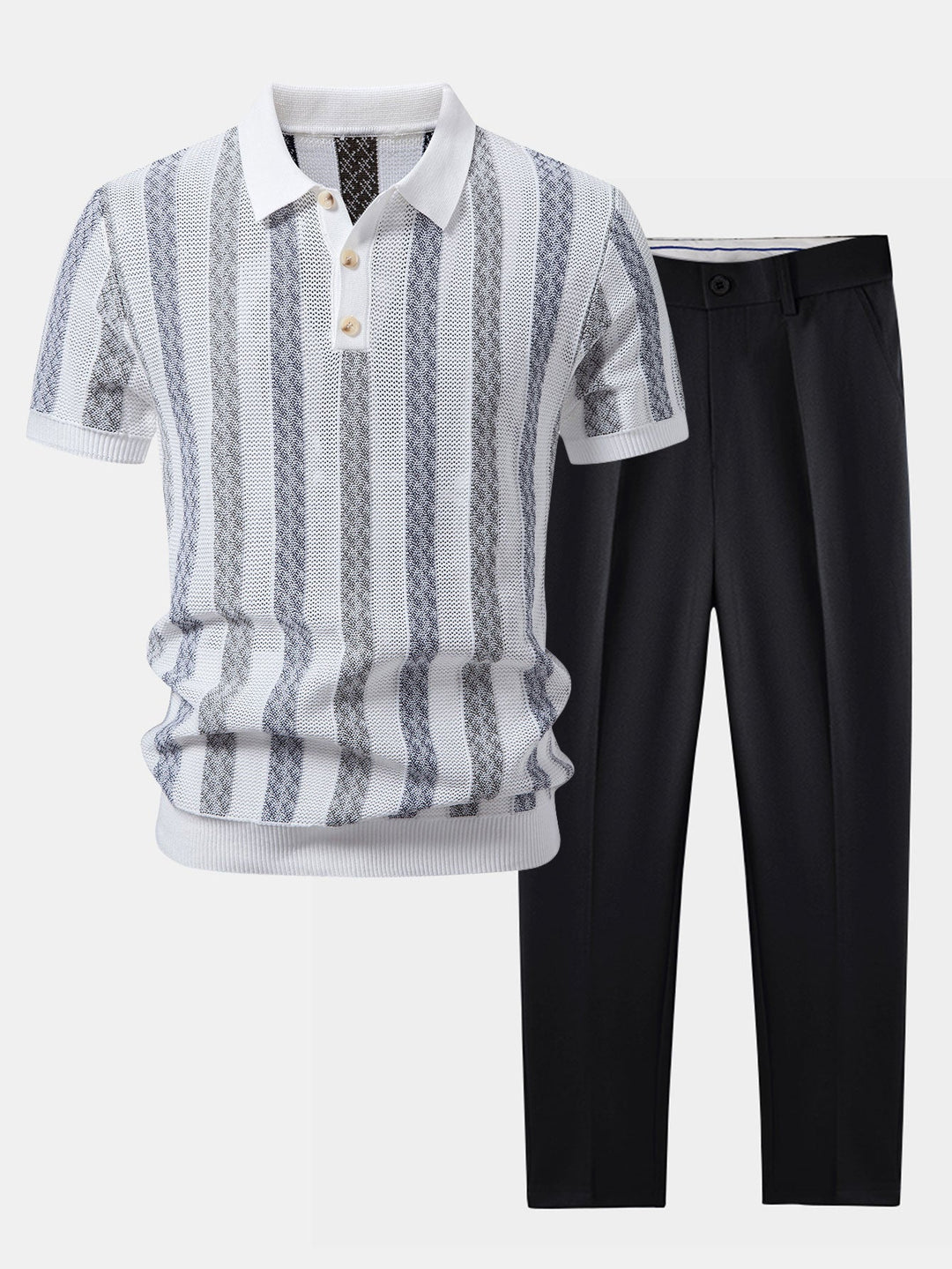 Striped Textured Knit Polo &amp; Slim Fit Tapered Trousers